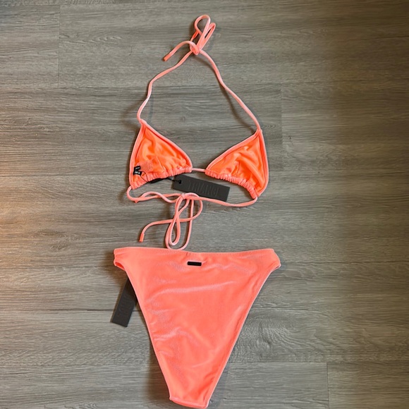 Orange coral velvet string top with high waist bottom set. - Picture 10 of 16